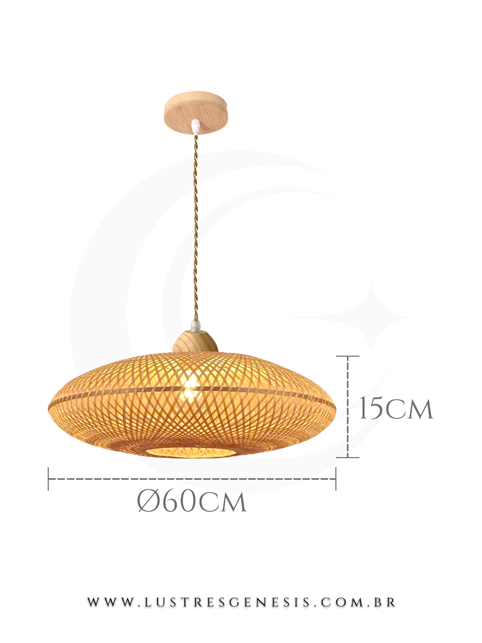 Luminária pendente de fibra de bambu Ø60cm estilo artesanal, ideal para mesas, balcão de cozinha, área gourmet e sítios.